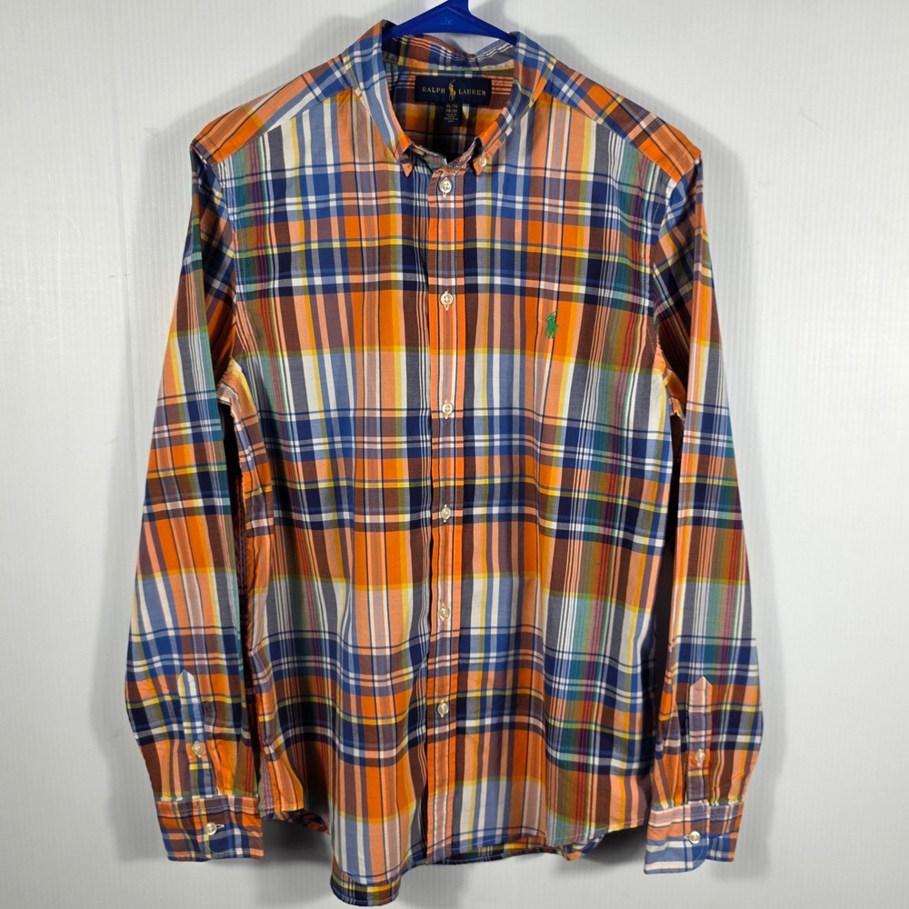 Ralph Lauren Boys XL 18-20 Orange Blue Plaid Long Sleeve Button Down Shirt Pony - Picture 2 of 8